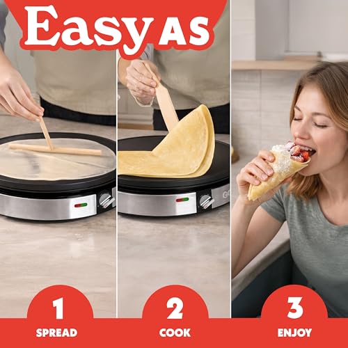 Gourmia 12” Crepe Maker – Nonstick Electric Griddle for Pancakes, Omelets & More, Precise Temp Control with Indicator Lights, Includes Spatula & Batter Spreader, Quick Cleanup, Stainless Steel Trim