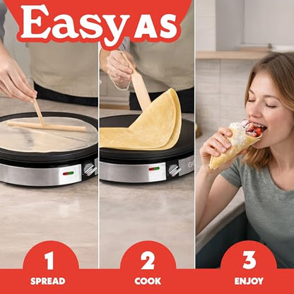 Gourmia 12” Crepe Maker – Nonstick Electric Griddle for Pancakes, Omelets & More, Precise Temp Control with Indicator Lights, Includes Spatula & Batter Spreader, Quick Cleanup, Stainless Steel Trim