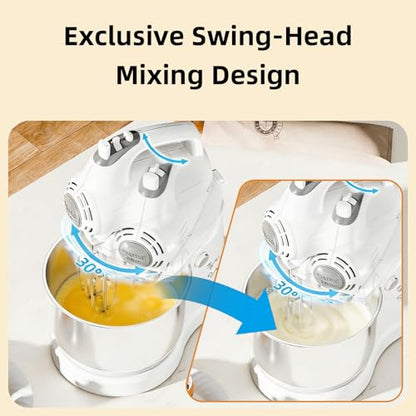 Vikaluz 3.2QT 2-in-1 Stand Mixer, Electric Kitchen Mixer with Auto-Rotating Bowl & Tilt-Head, 5-Speed 250W Turbo Baking Machine for Beginners with Beater & Dough Hook for Cookie, Bread, Cake (White)