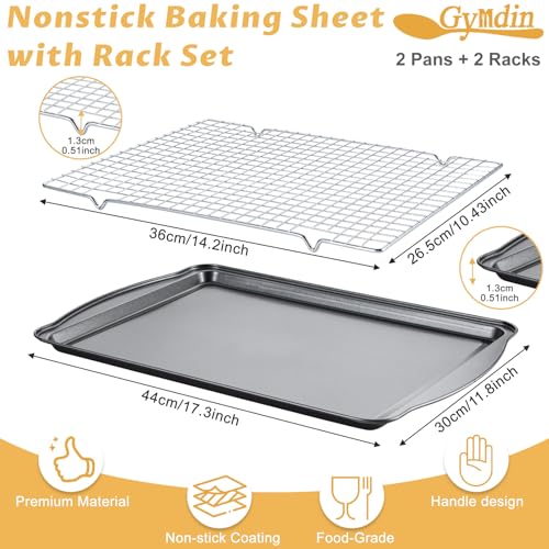 Gymdin Baking Sheet with Cooling Racks - 17'' x 11" x 0.5" Carbon Steel Cookie Sheets for Baking [2 Sheets + 2 Racks], Nonstick Baking Pans, Perfect for Baking, Roasting, and More