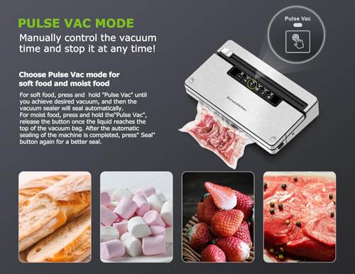 Bonsenkitchen Vacuum Sealer Machine, Stainless Steel Food Sealer Vacuum Sealers with 1 Roll & 5 Bags, 5 Food Vacuum Modes, Built-in Cutter & Bag Storage (Silver Black)