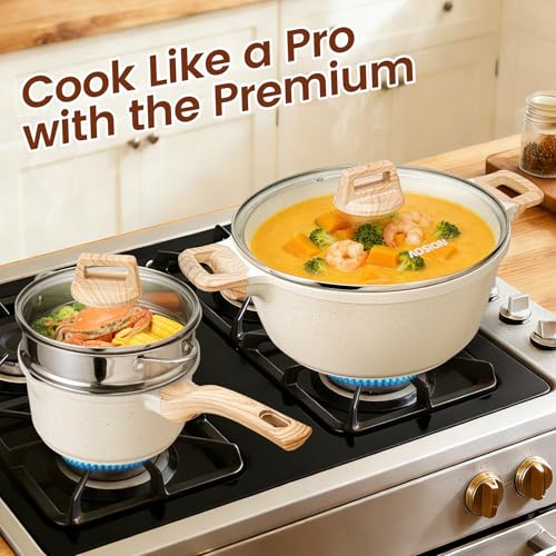 AOSION 27PCS Pots and Pans Set, Nonstick Ceramic Cookware Set, Healthy Kitchen Cooking Set with Gloves, Apron, Silicone Tools & Pot Protectors, Oven & Dishwasher Safe, PFOA/PFOS Free，Ivory