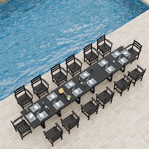 K Knowbody Extra Large Outdoor Dining Set for 14, All-Weather 17-Piece Patio Table and Chairs Set with Umbrella Hole, Steel-Reinforced Durable HDPE Furniture for Backyard,Garden,Lawn,Poolside, Black