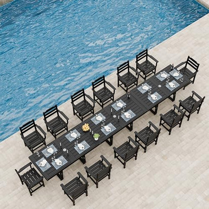 K Knowbody Extra Large Outdoor Dining Set for 14, All-Weather 17-Piece Patio Table and Chairs Set with Umbrella Hole, Steel-Reinforced Durable HDPE Furniture for Backyard,Garden,Lawn,Poolside, Black