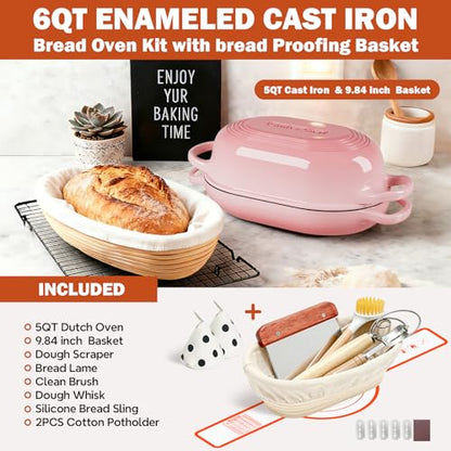 Enameled Cast Iron Sourdough Bread Oven, Dutch Oven for Bread Baking, - incl. Sourdough Bread-Baking Supplies like Banneton Bread-Proofing Basket - 5QT Loaf Cast Iron Bread Pan-Making Kit Pan, Pot, Sour Sough Tools, Lame (Pink)