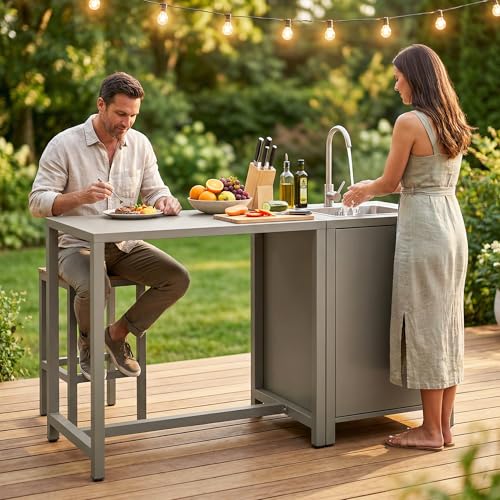 Wisteria Lane Outdoor Storage Cabinet with Stainless Steel Sink, Aluminum Modular Outdoor Kitchen, All Wheather Kitchen Island with Storage, Patio Bar Table for BBQ, Porch，Backyard