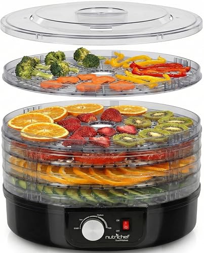 NutriChef Electric Countertop Food Dehydrator - Professional Multi-Tier Food Preserver - Dehydrates Fish, Meats, Mushrooms, Fruits & Vegetables - 5 Easy to Clean Stackable Trays., One Size, Black