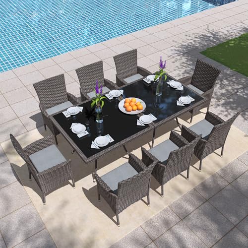 Trumbeak 10 Piece Outdoor Dining Set,Rattan Patio Conversation Set of 8 Chairs,Patio Dining Table and Chairs w/Cushions,Square Glass Tabletop,Umbrella Cutout for Patio,Grey