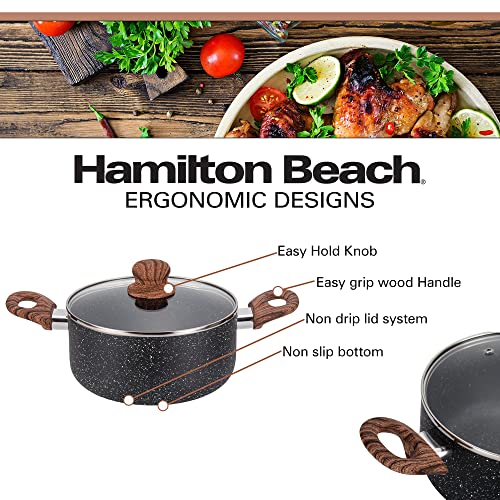 Hamilton Beach 3 Quart Nonstick Marble Coating Even Heating Round Dutch Oven Pot with Glass Lid and Wooden Like Soft Touch Handle, Dutch Oven Pot, Braising, Roasting