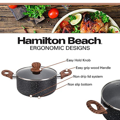 Hamilton Beach 3 Quart Nonstick Marble Coating Even Heating Round Dutch Oven Pot with Glass Lid and Wooden Like Soft Touch Handle, Dutch Oven Pot, Braising, Roasting
