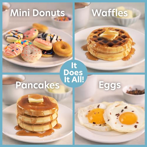 3 in 1 Mini Breakfast Maker- Make Mini Waffles Donuts Pancakes or Eggs all in 1 Multi Use Appliance- Easily Swap & Clean Interchangeable Griddle Plates- Small Electric Nonstick Baker with Recipe Guide