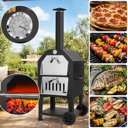 Z1UVDFUR Wood Fired Outdoor Pizza Oven for Patio Backyard Camping, Portable 550°F Pizza Maker with Stone, Peel, Grill Rack & Waterproof Cover for Backyard Camping