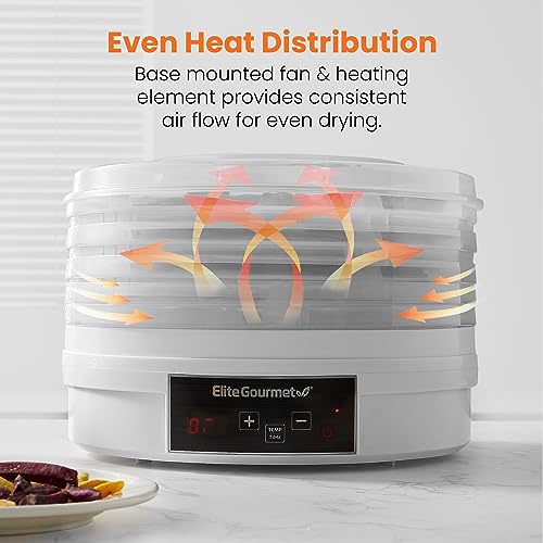Elite Gourmet EFD770WD Digital Food Dehydrator with 5x12.5” BPA Free Trays, Adjustable 48-hr Timer and Temperature from 95~158F, Jerky, Herbs, Fruit, Veggies, Dried Snacks, White