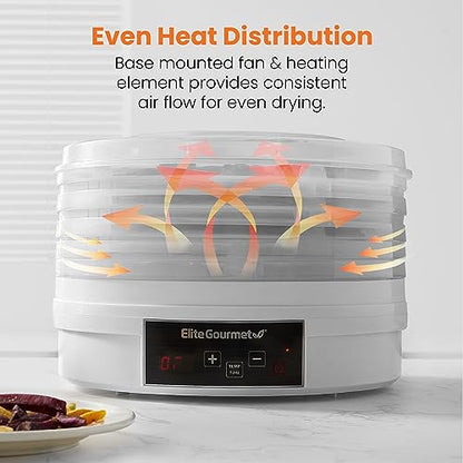 Elite Gourmet EFD770WD Digital Food Dehydrator with 5x12.5” BPA Free Trays, Adjustable 48-hr Timer and Temperature from 95~158F, Jerky, Herbs, Fruit, Veggies, Dried Snacks, White