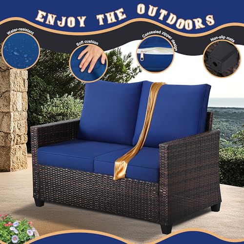Outdoor 2-Seat Rattan Loveseat,Water-Resistant Deep Cushions,Patio,Blue