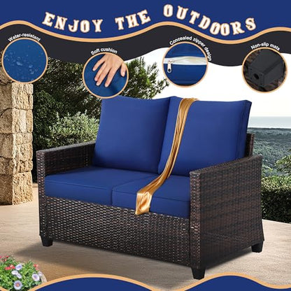 Outdoor 2-Seat Rattan Loveseat,Water-Resistant Deep Cushions,Patio,Blue