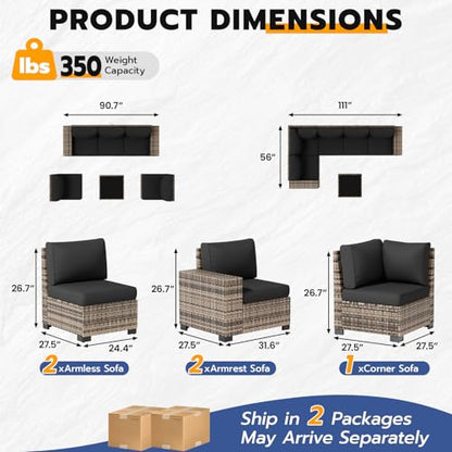 VONZOY Patio Furniture Set, Wide Armrest Outdoor Furniture Set with Thick Cushions, 6 Piece Wicker Rattan Patio Sectional Sofa for Backyard, Poolside, Garden