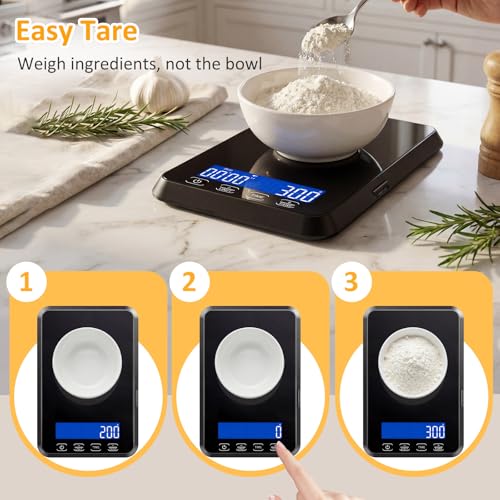 Letron Food Scale, 33 lb / 0.1 oz High Precision Kitchen Scale for Sourdough Bread, Built-in 7 Units, Timing & Tare Function, Rechargeable Digital Kitchen Scale for Food, Baking, Cooking