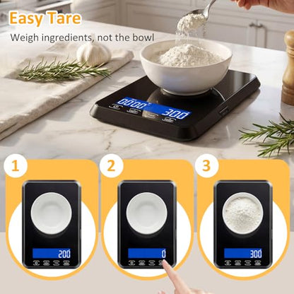 Letron Food Scale, 33 lb / 0.1 oz High Precision Kitchen Scale for Sourdough Bread, Built-in 7 Units, Timing & Tare Function, Rechargeable Digital Kitchen Scale for Food, Baking, Cooking