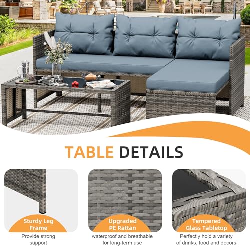 Shintenchi 3 Pieces Patio Furniture Set,Outdoor Sectional Sofa,Blue-Gray