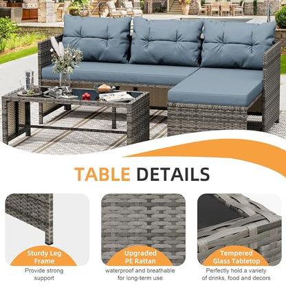 Shintenchi 3 Pieces Patio Furniture Set,Outdoor Sectional Sofa,Blue-Gray