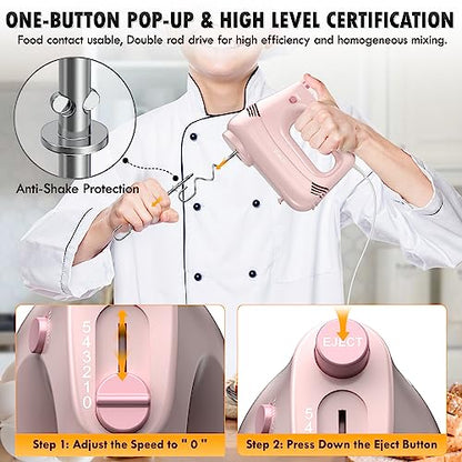 GUALIU Electric Hand Mixer with Stainless Steel Whisk, Dough Hook Attachment and Storage Bag, Handheld Mixer for Baking Cakes, Eggs, Cream Food Mixers. Turbo Boost /5 Speed Kitchen Blender PINK
