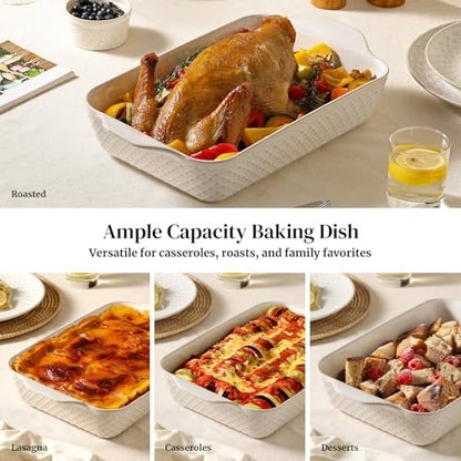 DOWAN 9x13 Deep Lasagna Baking Dish, Ceramic Casserole Dish for Oven, 4 Quarts Embossed Baking Pan with Handles, Oven Safe Bakeware for Roasting, Desserts, Durable & Giftable, Arctic White