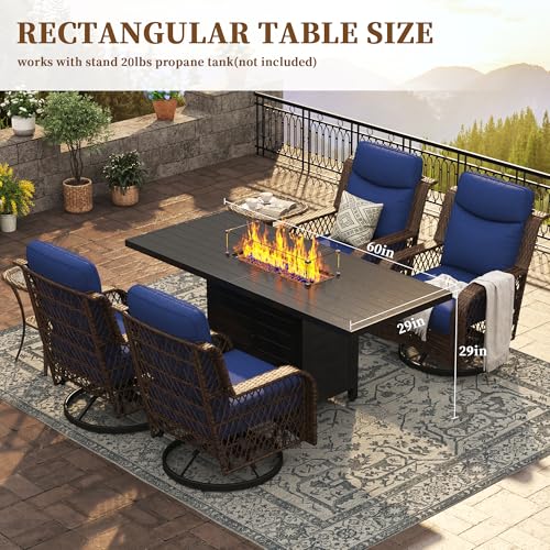 PIZZELLO 10 Piece Patio Furniture Set with 60" Propane Firepit Table, 6Pcs Outdoor Swivel Rocker Chairs with 3 Side Tables and Aluminum Gas Fire Table
