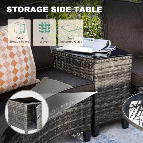 MEISSALIVVE 9-Piece Half-Moon Curved Outdoor Patio Furniture Set, Sectional Conversation Sofa with Wood Armrests, Coffee & Side Tables for Backyard Deck Garden, Black