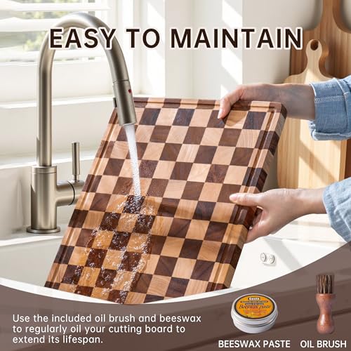 FYCTIO Checkered Cutting Boards for Kitchen, Wooden Cutting Board Set, Acacia Chopping Board with Juice Grooves & Handles, Butcher Block Serving Tray for Meat, Vegetables and Fruits, 3pcs