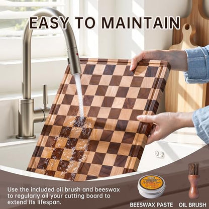 FYCTIO Checkered Cutting Boards for Kitchen, Wooden Cutting Board Set, Acacia Chopping Board with Juice Grooves & Handles, Butcher Block Serving Tray for Meat, Vegetables and Fruits, 3pcs