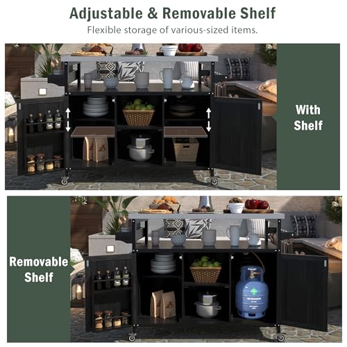 IchbinGo 43.3” Outdoor Kitchen Island with Stainless Steel Top, Solid Fir Wood Workstation with Storage Shelves Heavy Duty BBQ Grill Prep Table & Bar Cart (Black)