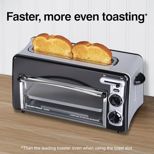 Hamilton Beach Versatile 2-in-1 Countertop Toaster Oven & Long Slot 2 Slice Toaster for Toasting & Baking, Automatic Shut Off, Shade Selector, Temperature Control, Compact Retro Design, Black (22725)