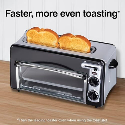 Hamilton Beach Versatile 2-in-1 Countertop Toaster Oven & Long Slot 2 Slice Toaster for Toasting & Baking, Automatic Shut Off, Shade Selector, Temperature Control, Compact Retro Design, Black (22725)