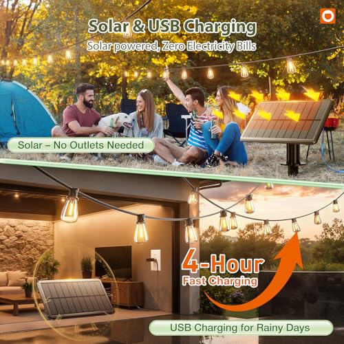 addlon 52(48+4) FT Solar String Lights Waterproof,Patio Lights Solar Powered with Remote & USB Port 16+1 LED Shatterproof Bulbs 3 Light Modes, Dimmable Solar Light for Camping Backyard Garden