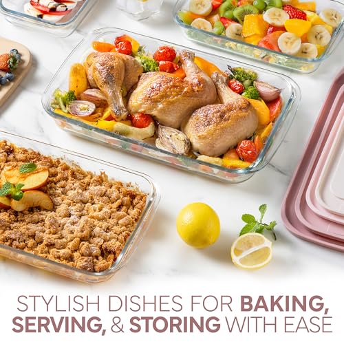 COOK WITH COLOR 8 PC. Glass Baking Dish Set with Lids - Deep Casserole Dish, Glass Food Container, Oven, Freezer and Microwave Safe, Clear Container, Pink