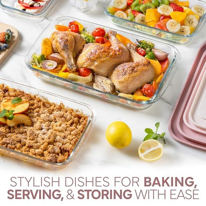 COOK WITH COLOR 8 PC. Glass Baking Dish Set with Lids - Deep Casserole Dish, Glass Food Container, Oven, Freezer and Microwave Safe, Clear Container, Pink