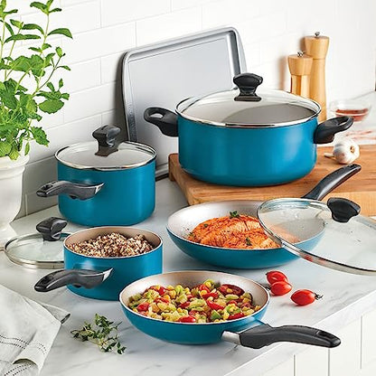 Farberware Dishwasher Safe Aluminum Nonstick Cookware Pots and Pans Set, 15-Piece, Teal