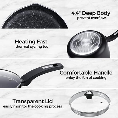 KOCH SYSTEME CS 3 Quart Saucepan - 3 Quart Pot with Nonstick Granite Coatings, 4.4" Deep Sauce Pan with Lid, Heating, Nonstick Saucepan Comfortable Handle, Sauce Pot 3 QT