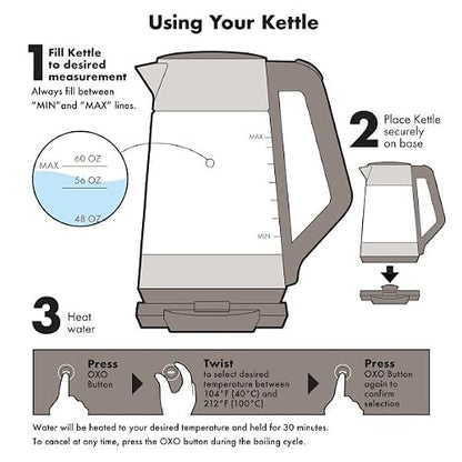 OXO Brew Adjustable Temperature Kettle, Electric Kettle, Glass and Stainless Steel, Holds Temperature for 30 Minutes