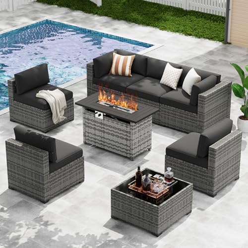 8-Piece Wicker Outdoor Patio Furniture Set with 44" Fire Pit Table
