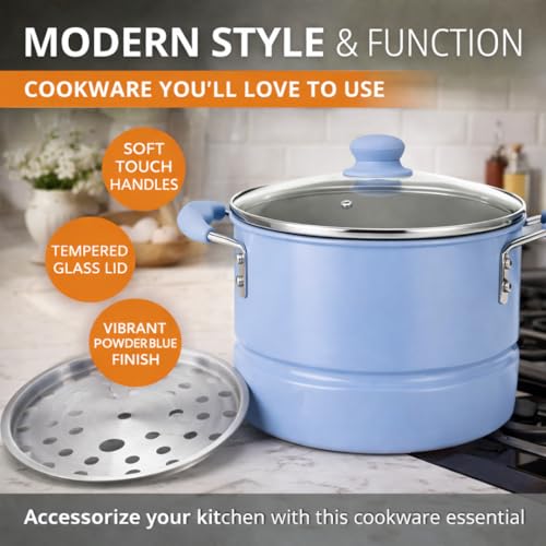 Alpine Cuisine 20- Quart Stock Pot with Lid, Aluminum Cooking Pot with Gray Ceramic Nonstick Coating, Steamer Insert for Soup, Pasta, Stews, and Dumplings, Chambray Blue