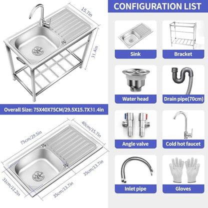 Outdoor Utility Sink,Free Standing Stainless Steel Laundry Tub, Single Bowl Portable Washing Hand Basin Station,fish Cleaning Table&Storage Shelves for Garage, Restaurant, Kitchen,Camping, Backyard