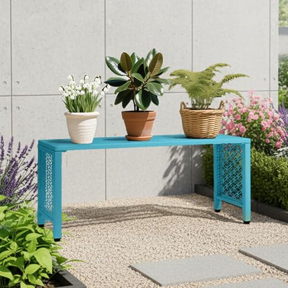 VINGLI 40in Outdoor Metal Bench, All-Weathe Backless Patio Bench with Slatted Seat＆Floral Side Panels, Rust-Resistant Garden Bench, Weatherproof Outdoor Seating for Porch Entryway Backyard (Blue)