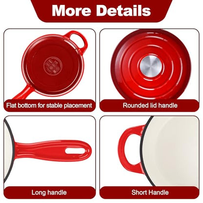 HaSteeL 2 QT Cast Iron Saucepan, Mini Enamel Dutch Oven with Lid, Small Non Stick Pan for Milk, Pasta Tomato Sauce, Butter, Breakfast, Soup, Suitable for Boiling Stewing Frying, Easy to Clean, Red