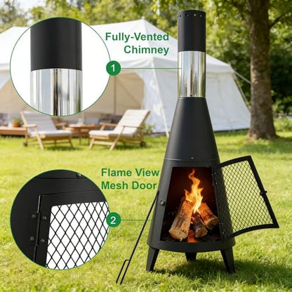 Steladomus Chiminea Outdoor Fireplace for Patio with Fire Mat and Poker, 3.6ft Small Chimneas Portable for Backyard, Deck, Camping and Beach chiminea fire Pit