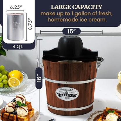Elite Gourmet EIM418 4Qt Old Fashioned Walnut Wood Bucket Ice Cream Maker