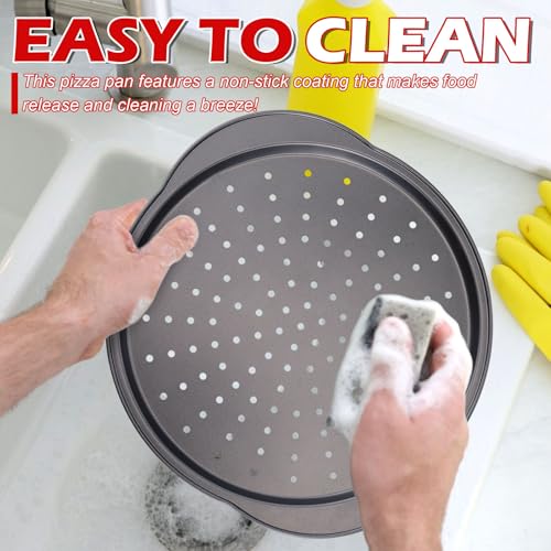 Gymdin Pizza Pan for Oven - 13" Round Pizza Pans with Holes(2 Pack), Non-stick Carbon Steel Pizza Trays with Handle, Easy to Clean & Oven Safe