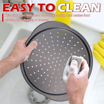 Gymdin Pizza Pan for Oven - 13" Round Pizza Pans with Holes(2 Pack), Non-stick Carbon Steel Pizza Trays with Handle, Easy to Clean & Oven Safe