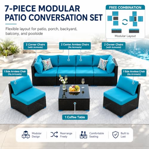 7 Piece Outdoor Sectional Patio Furniture Set with Coffee Table, Blue